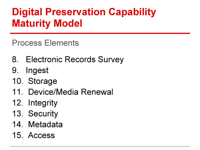 Digital Preservation Capability
Maturity Model
Process Elements
8. Electronic Records Survey
9. Ingest
10. Storage
11. Device/Media Renewal
12. Integrity
13. Security
14. Metadata
15. Access
