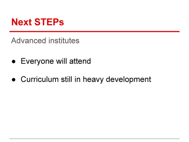 Next STEPs
Advanced institutes
● Everyone will attend
● Curriculum still in heavy development
