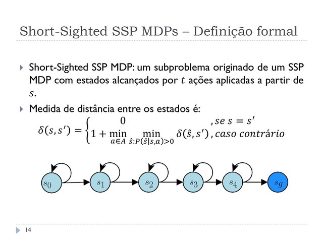 Short-Sighted SSP MDPs – Definição formal
 Short-Sighted SSP MDP: um subproblema originado de um SSP
MDP com estados alcançados por  ações aplicadas a partir de
.
 Medida de distância entre os estados é:
 , ′ =
0 ,   = ′
1 + min
∈
min
 :  , >0
  , ′ ,  á
14
