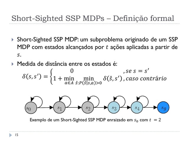 Short-Sighted SSP MDPs – Definição formal
 Short-Sighted SSP MDP: um subproblema originado de um SSP
MDP com estados alcançados por  ações aplicadas a partir de
.
 Medida de distância entre os estados é:
 , ′ =
0 ,   = ′
1 + min
∈
min
 :  , >0
  , ′ ,  á
Exemplo de um Short-Sighted SSP MDP enraizado em 0 com  = 2
15
