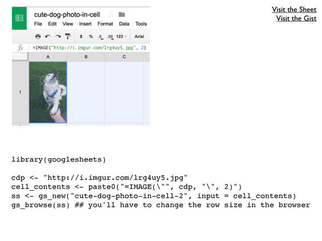 library(googlesheets)
cdp <- "http://i.imgur.com/lrg4uy5.jpg"
cell_contents <- paste0("=IMAGE(\"", cdp, "\", 2)")
ss <- gs_new("cute-dog-photo-in-cell-2", input = cell_contents)
gs_browse(ss) ## you'll have to change the row size in the browser
Visit the Sheet
Visit the Gist
