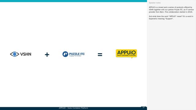 APPUiO – Swiss Container Platform
 
APPUiO is a brand and a series of products offered by
VSHN together with our partner Puzzle ITC, an IT service
provider from Bern. This collaboration started in 2016.
And what does the word "APPUiO" mean? It’s a word in
Esperanto meaning "Support".
Speaker notes
57
