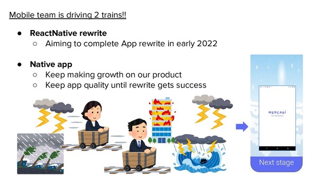 Next stage
Mobile team is driving 2 trains!!
● ReactNative rewrite
○ Aiming to complete App rewrite in early 2022
● Native app
○ Keep making growth on our product
○ Keep app quality until rewrite gets success
