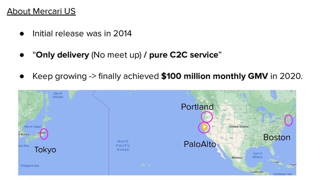 About Mercari US
● Initial release was in 2014
● “Only delivery (No meet up) / pure C2C service”
● Keep growing -> ﬁnally achieved $100 million monthly GMV in 2020.
Tokyo
PaloAlto
Boston
Portland

