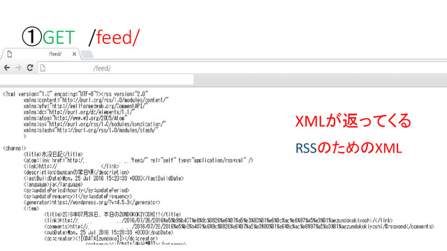 ①GET /feed/
XMLが返ってくる
RSSのためのXML
