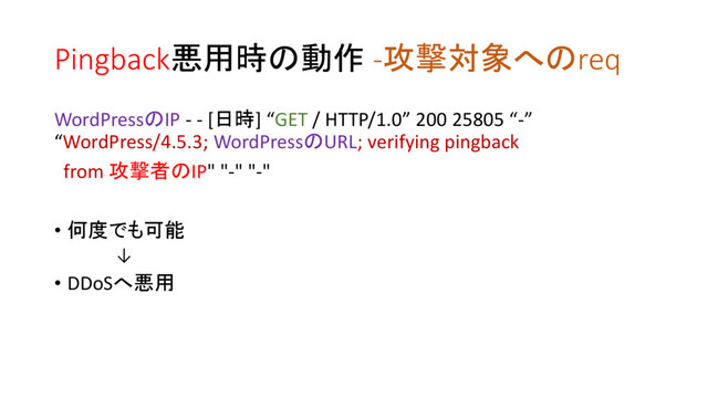 Pingback悪用時の動作 -攻撃対象へのreq
WordPressのIP - - [日時] “GET / HTTP/1.0” 200 25805 “-”
“WordPress/4.5.3; WordPressのURL; verifying pingback
from 攻撃者のIP" "-" "-"
• 何度でも可能
↓
• DDoSへ悪用
