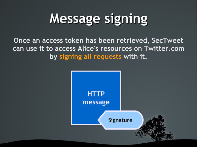 Message signing
Message signing
Once an access token has been retrieved, SecTweet
can use it to access Alice's resources on Twitter.com
by signing all requests with it.
HTTP
message
Signature
