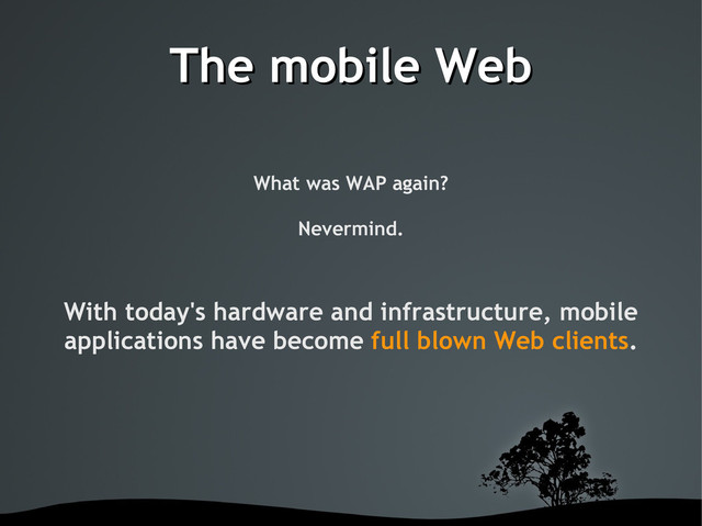The mobile Web
The mobile Web
What was WAP again?
Nevermind.
With today's hardware and infrastructure, mobile
applications have become full blown Web clients.
