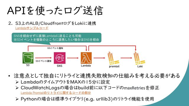 APIを使ったログ送信
2. S3上のALB/CloudfrontログをLokiに連携
• 注意点として独自にリトライと連携失敗検知の仕組みを考える必要がある
➢ LambdaのタイムアウトをMAXの15分に設定
➢ CloudWatchLogsの場合はbuild前に以下コードのmaxRetriesを修正
➢ Pythonの場合は標準ライブラリ(e.g. urllib3)のリトライ機能を使用
S3 Lambda
SNS promtail Loki
SNSを経由せずに直接Lambdaに送ることも可能
※S3イベントを複数のところに連携したい場合はSNSを経由
Lambdaサンプルコード
S3イベント通知
S3イベント通知
Lambda Promtailのリトライに関するコードの部分
