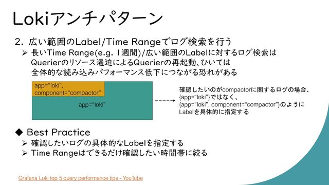 Lokiアンチパターン
2. 広い範囲のLabel/Time Rangeでログ検索を行う
➢ 長いTime Range(e.g. 1週間)/広い範囲のLabelに対するログ検索は
Querierのリソース逼迫によるQuerierの再起動、ひいては
全体的な読み込みパフォーマンス低下につながる恐れがある
◆ Best Practice
➢ 確認したいログの具体的なLabelを指定する
➢ Time Rangeはできるだけ確認したい時間帯に絞る
Grafana Loki top 5 query performance tips - YouTube
app=“loki”
app=“loki”,
component=“compactor”
確認したいのがcompactorに関するログの場合、
{app=“loki”}ではなく、
{app=“loki”, component=“compactor”}のように
Labelを具体的に指定する
