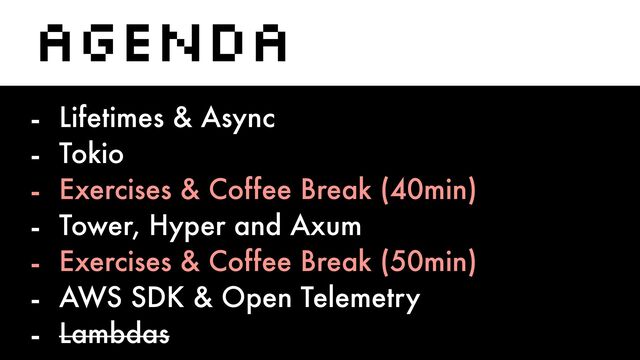 Agenda
- Lifetimes & Async


- Tokio


- Exercises & Coffee Break (40min)


- Tower, Hyper and Axum


- Exercises & Coffee Break (50min)


- AWS SDK & Open Telemetry


- Lambdas
