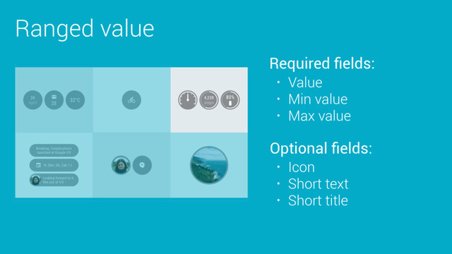 Ranged value
Required ﬁelds:
Optional ﬁelds:
• Value
• Min value
• Max value
• Icon
• Short text
• Short title
