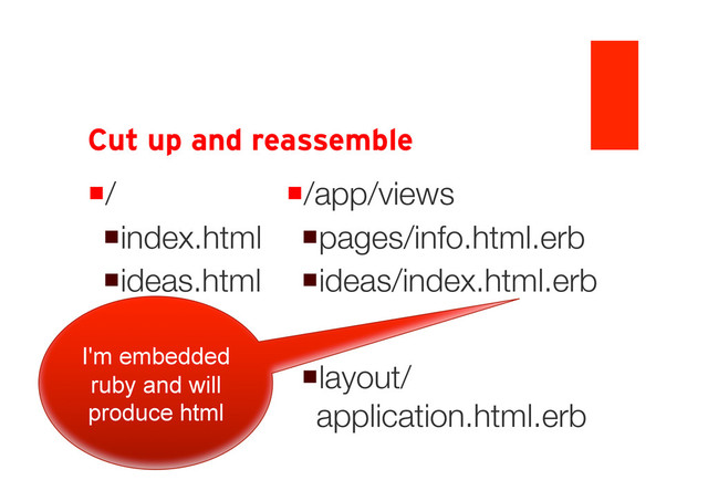 Cut up and reassemble
/
index.html
ideas.html
/app/views
pages/info.html.erb
ideas/index.html.erb
layout/application.html.
erb
I'm
embedded
ruby and will
produce html
