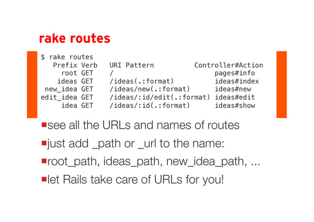 rake routes
$ rake routes
Prefix Verb URI Pattern Controller#Action
root GET / pages#info
ideas GET /ideas(.:format) ideas#index
new_idea GET /ideas/new(.:format) ideas#new
edit_idea GET /ideas/:id/edit(.:format) ideas#edit
idea GET /ideas/:id(.:format) ideas#show
see all the URLs and names of routes
just add _path or _url to the prefix:
root_path, ideas_path, new_idea_path,
...
let Rails take care of URLs for you!
