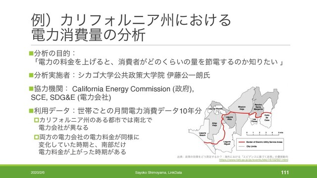 ྫʣΧϦϑΥϧχΞभʹ͓͚Δ
ిྗফඅྔͷ෼ੳ
ग़యɿ੓ࡦͷޮՌΛͲ͏ଌఆ͢Δ͔ʁɿւ֎ʹ͓͚ΔʮΤϏσϯεʹجͮ͘੓ࡦʯͷ࠷৽ಈ޲
IUUQTXXXSJFUJHPKQKQFWFOUTCCMIUNM
n෼ੳͷ໨తɿ
ʮిྗͷྉۚΛ্͛Δͱɺফඅऀ͕Ͳͷ͘Β͍ͷྔΛઅి͢Δͷ͔஌Γ͍ͨ ʯ
n෼ੳ࣮ࢪऀɿγΧΰେֶެڞ੓ࡦେֶӃ ҏ౻ެҰ࿕ࢯ
nڠྗػؔɿ CaIifornia Energy Commission (੓෎),
SCE, SDG&E (ిྗձࣾ)
nར༻σʔλɿੈଳ͝ͱͷ݄ؒిྗফඅσʔλ10೥෼
pΧϦϑΥϧχΞभͷ͋Δ౎ࢢͰ͸ೆ๺Ͱ
ిྗձ͕ࣾҟͳΔ
p྆ํͷిྗձࣾͷిྗྉ͕ۚಉ༷ʹ
มԽ͍ͯͨ࣌͠ظͱɺೆ෦͚ͩ
ిྗྉ্͕͕ۚͬͨ࣌ظ͕͋Δ
2020/2/6 Sayoko Shimoyama, LinkData 111
