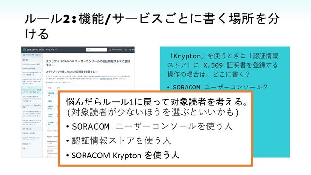 ルール2:機能/サービスごとに書く場所を分
ける
「Krypton」を使うときに「認証情報
ストア」に X.509 証明書を登録する
操作の場合は、どこに書く？
• SORACOM ユーザーコンソール？
• 認証情報ストア？
• SORACOM Krypton？
悩んだらルール1に戻って対象読者を考える。
(対象読者が少ないほうを選ぶといいかも)
• SORACOM ユーザーコンソールを使う⼈
• 認証情報ストアを使う⼈
• SORACOM Krypton を使う人
