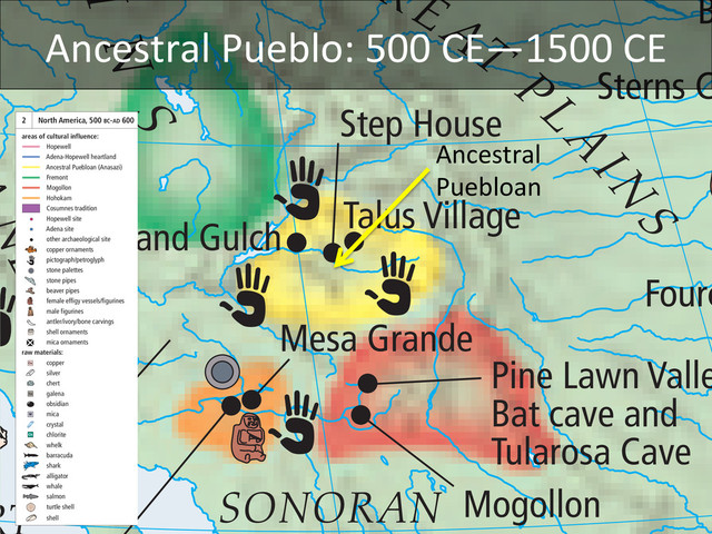 Fourc
Sterns C
B
Grand Gulch
Mogollon
Pine Lawn Valle
Bat cave and
Tularosa Cave
Mesa Grande
Talus Village
Step House
I N S
REAT
PL
A
IN
S
NEVADA
SONORAN
20˚
30˚
90˚
80˚
70˚
60˚
50˚
40˚
30˚
Ga
M Ch
Cu
Cu
Cu
Serpent
Mound
Squawkie Hill
Crystal River
Weeden Island
Fort Center
Mandeville
Kolomoki
Swift Creek
Tremper
Gaston
Seip
Wright
Tunacunnhee
Mcquorquodale
Porter
Helena
Crossing
Fourche Malines
Marksville
Bynum
Miller
Pinson
Renner
Sterns Creek
Cahokia
Knight
Howard Lake
Effigy Mounds
Trempealeau 1
2
3
4
5
7
8
9
10
11
12
13
14
15
19
16
17
18
6
Boone
Cresap
Grave Creek
Abbott Farm
Mann
Grand Gulch
Mogollon
Pine Lawn Valley/
Bat cave and
Tularosa Cave
Mesa Grande
Talus Village
Igloolik
Gulf Hazard
Tyara
Step House
Snaketown
Patrick’s Point
Port-aux-Choix
Ozette
St Lawrence
Island sites Ipiutak
Little
Diomede Island
Iyatayet
Norton
Walakpa
Engigstciak
Cottonwood Creek
Rolling Bay
Joss
Dundas Island
Keatley
Creek
site
Tuburon Hills
Coso Range sites
Little Harbor
Gunther Island
Marpole
Rio Gra
nde
St. Lawrence
L. Ontario
Columbia
Fraser
Yukon
L. Superior
L. Michigan
L. Erie
L. Huron
PA C I F I C
O C E A N
HUDSON
BAY
BAFFIN
BAY
B E R I N G
S E A
A T L A N T I C
O C E A N
GULF OF MEXICO
R
O
C
K
Y
M
O
U
N T A I N S
GREAT
PL
A
IN
S
Cape Nome
VANCOUVER
ISLAND
KODIAK
QUEEN
CHARLOTTE
ISLANDS
SIERRA
NEVADA
N O R T H
A M E R I C A
SONORAN
DESERT
MOJAVE DESERT
ballcourt
distribution of
Beluga whales
distribution of
Beluga whales
area of hemlock, cedar and spruce
d i s t r i b u t i o n o f p o l a r b e a r s
i
onof Bearded and Ringed seal
s
distrib
ution
of Bearded and Ring
ed seals
d i s t r i b u t i o n o f p o l a r
be
ars
u t i o n o f p o l a r b e a r s
northe
rn
l
imit of trees
distrib
utionof Bearded
and
Ringed seals
3 Norton Mound
4 Crab Orchard
5 Mount Horeb
6 Mound City
7 Serpent Mound
8 Fort Ancient
9 Adena
10 Hopewell
11 Alum Creek
12 Newark
13 Robbins
14 Turner
15 Bedford
16 Havana
17 Goodall
18 Jaketown
19 Harness
N
0
0
400 miles
300 kms
Mirador by their complex logophonetic writing
system. Architectural innovations such as the
corbel vault opened up narrow interior spaces,
while roof combs raised the exterior space of
plastered palaces and temples. These sat atop
large platform pyramids built in tiers that often
correlate with sacred numbers, such as the
nine levels (of the underworld) seen at Tikal
and Palenque. While some cities, such as Tikal
and Calakmul, were larger than others and may
have formed ‘superstates’, most Mayan cities
controlled limited land and competed with
adjacent city-states.
LOWER CENTRAL AMERICA
While this region interacted with Mesoamerica
NORTH AMERICA
Over much of North America after 500 BC
pottery began to make its first appearance or
was more widely accepted. Throughout the
continent, groups used local resources to
produce various regional traditions. Peoples in
the Arctic and Subarctic focused on marine
resources, primarily seals, walruses and whales.
Artists from Ipiutak carved walruses, bears,
humans and fantastic creatures on bone, antler
and ivory. By AD 600 Northwest coast peoples
mastered carving the abundant cedar from the
coastal forests. In the American Southwest and
Northwest Mexico the large rocks of the caves
and canyons in this semi-arid/desert area
served as canvases for styles of pictographs and
Ch
Ga
M
2 North America, 500 BC-AD 600
areas of cultural influence:
Hopewell
Adena-Hopewell heartland
Ancestral Puebloan (Anasazi)
Fremont
Mogollon
Hohokam
Cosumnes tradition
Hopewell site
Adena site
other archaeological site
copper ornaments
pictograph/petroglyph
stone palettes
stone pipes
beaver pipes
female effigy vessels/figurines
male figurines
antler/ivory/bone carvings
shell ornaments
mica ornaments
raw materials:
copper
silver
chert
galena
obsidian
mica
crystal
chlorite
whelk
barracuda
shark
alligator
whale
salmon
turtle shell
shell
Cu
Ancestral	  
Puebloan	  
Ancestral	  Pueblo:	  500	  CE—1500	  CE	  
