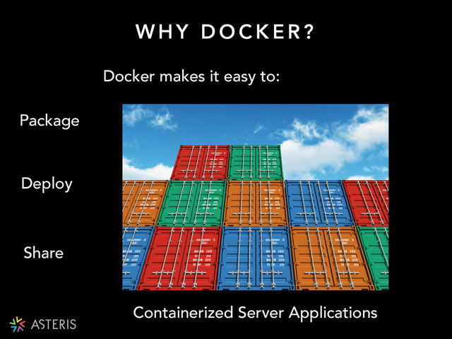 W H Y D O C K E R ?
Docker makes it easy to:
Package
Deploy
Share
Containerized Server Applications

