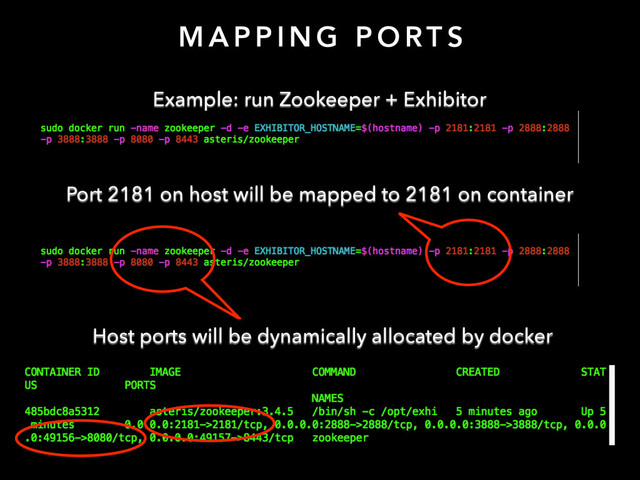 Example: run Zookeeper + Exhibitor
Host ports will be dynamically allocated by docker
Port 2181 on host will be mapped to 2181 on container
M A P P I N G P O RT S
