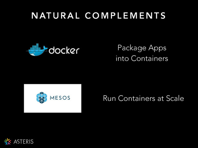 Package Apps
into Containers
Run Containers at Scale
N AT U R A L C O M P L E M E N T S
