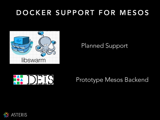 D O C K E R S U P P O RT F O R M E S O S
Prototype Mesos Backend
Planned Support
