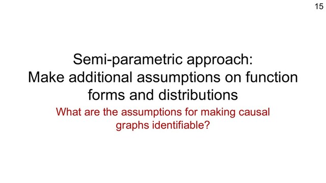 Semi-parametric approach:
Make additional assumptions on function
forms and distributions
What are the assumptions for making causal
graphs identifiable?
15
