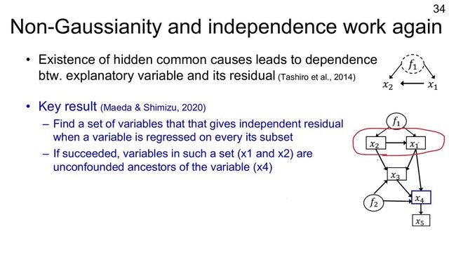 Non-Gaussianity and independence work again
• Existence of hidden common causes leads to dependence
btw. explanatory variable and its residual (Tashiro et al., 2014)
• Key result (Maeda & Shimizu, 2020)
– Find a set of variables that that gives independent residual
when a variable is regressed on every its subset
– If succeeded, variables in such a set (x1 and x2) are
unconfounded ancestors of the variable (x4)
• For nonlinear additive models, existence of hidden
intermediate variables also leads to dependence
(Maeda & Shimizu, 2021)
34
𝑥#
𝑥"
𝑓"
!!
!"
""
!#
!$
"!
!!
𝑥# 𝑥"
𝑓$
