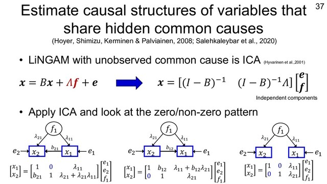 Estimate causal structures of variables that
share hidden common causes
(Hoyer, Shimizu, Kerminen & Palviainen, 2008; Salehkaleybar et al., 2020)
• LiNGAM with unobserved common cause is ICA (Hyvarinen et al.,2001)
• Apply ICA and look at the zero/non-zero pattern
37
𝒙 = 𝐵𝒙 + 𝛬𝒇 + 𝒆 𝒙 = (𝐼 − 𝐵)"# (𝐼 − 𝐵)"#𝛬
𝒆
𝒇
𝑥"
𝑥!
=
1 0 𝜆""
𝑏!" 1 𝜆!" + 𝜆!"𝜆""
𝑒"
𝑒!
𝑓"
𝑥# 𝑥"
𝑓"
𝑒"
𝑒#
𝑏!"
𝜆!" 𝜆""
𝑥"
𝑥!
=
1 𝑏"! 𝜆"" + 𝑏"!𝜆!"
0 1 𝜆!"
𝑒"
𝑒!
𝑓"
𝑥# 𝑥"
𝑓"
𝑒"
𝑒#
𝑏"!
𝜆!" 𝜆""
𝑥"
𝑥!
=
1 0 𝜆""
0 1 𝜆!"
𝑒"
𝑒!
𝑓"
𝑥#
𝑥"
𝑓"
𝑒"
𝑒#
𝜆!" 𝜆""
Independent components
