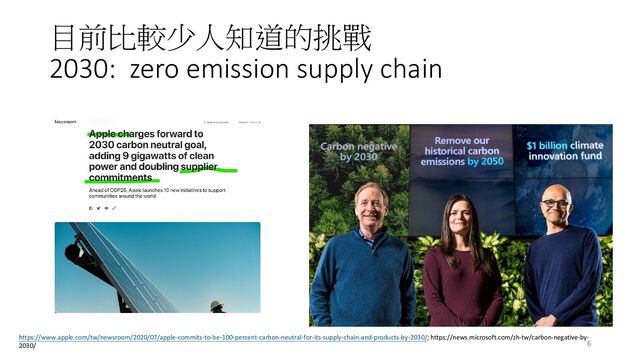 目前比較少人知道的挑戰
2030: zero emission supply chain
https://www.apple.com/tw/newsroom/2020/07/apple-commits-to-be-100-percent-carbon-neutral-for-its-supply-chain-and-products-by-2030/; https://news.microsoft.com/zh-tw/carbon-negative-by-
2030/ 6
