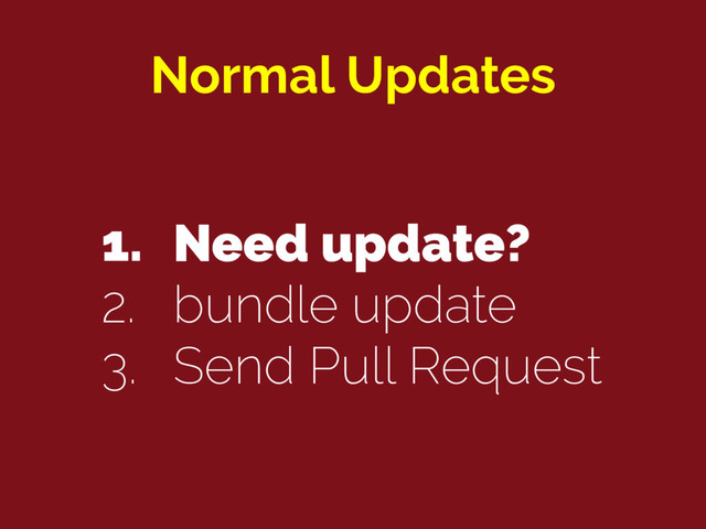 Normal Updates
1. Need update?
2. bundle update
3. Send Pull Request

