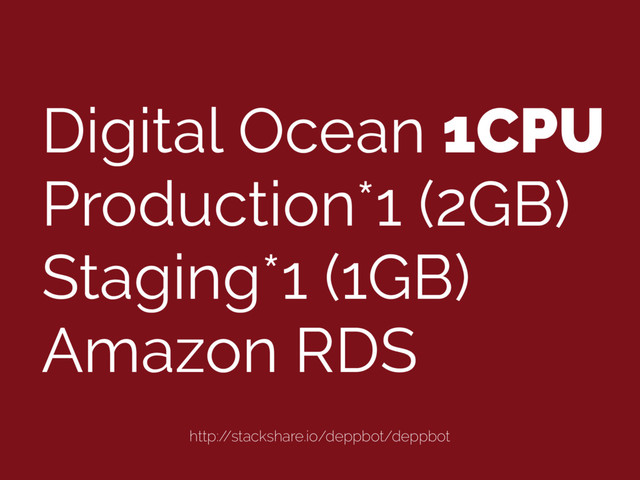 Digital Ocean 1CPU
Production*1 (2GB)
Staging*1 (1GB)
Amazon RDS
http:/
/stackshare.io/deppbot/deppbot
