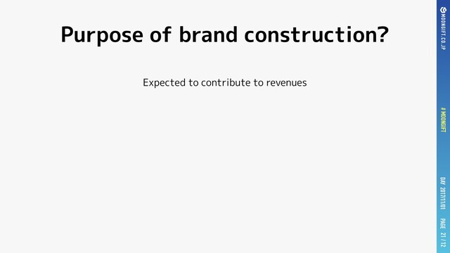 PAGE
DAY 2017/11/01
# MOONGIFT / 12
Purpose of brand construction?
Expected to contribute to revenues
21
