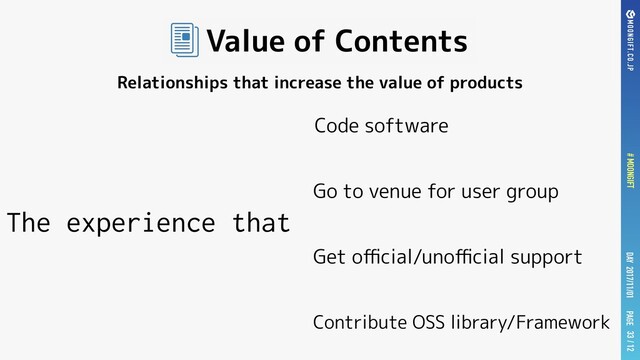 PAGE
DAY 2017/11/01
# MOONGIFT / 12
Code software
33
Value of Contents
Go to venue for user group
Get oﬃcial/unoﬃcial support
The experience that
Contribute OSS library/Framework
Relationships that increase the value of products
