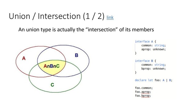 Union / Intersection (1 / 2) link
An union type is actually the “intersection” of its members

