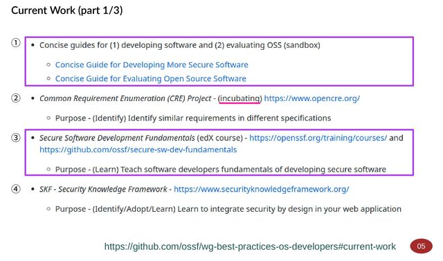 https://github.com/ossf/wg-best-practices-os-developers#current-work
Current Work (part 1/3)
①
②
③
④
05
