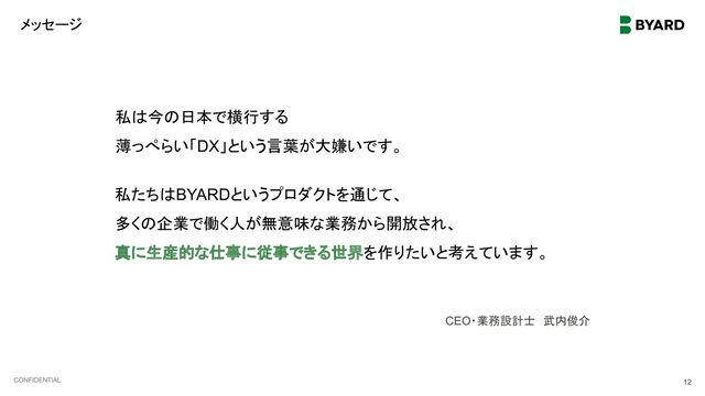 CONFIDENTIAL
メッセージ
12
私は今の日本で横行する
薄っぺらい「DX」という言葉が大嫌いです。
私たちはBYARDというプロダクトを通じて、
多くの企業で働く人が無意味な業務から開放され、
真に生産的な仕事に従事できる世界を作りたいと考えています。
CEO・業務設計士　武内俊介
