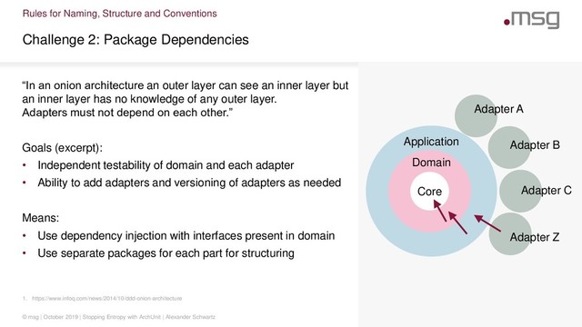 Rules for Naming, Structure and Conventions
1. https://www.infoq.com/news/2014/10/ddd-onion-architecture
Challenge 2: Package Dependencies
© msg | October 2019 | Stopping Entropy with ArchUnit | Alexander Schwartz
“In an onion architecture an outer layer can see an inner layer but
an inner layer has no knowledge of any outer layer.
Adapters must not depend on each other.”
Goals (excerpt):
• Independent testability of domain and each adapter
• Ability to add adapters and versioning of adapters as needed
Means:
• Use dependency injection with interfaces present in domain
• Use separate packages for each part for structuring
Core
Domain
Application
Adapter A
Adapter B
Adapter C
Adapter Z
