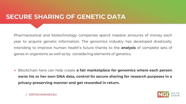 | ONTOCHAIN.NGI.EU
SECURE SHARING OF GENETIC DATA
Pharmaceutical and biotechnology companies spend massive amounts of money each
year to acquire genetic information. The genomics industry has developed drastically,
intending to improve human health’s future thanks to the analysis of complete sets of
genes in organisms as well as by considering elements of genetics.
➢ Blockchain here can help create a fair marketplace for genomics where each person
owns his or her own DNA data, control its secure sharing for research purposes in a
privacy-preserving manner and get rewarded in return.
