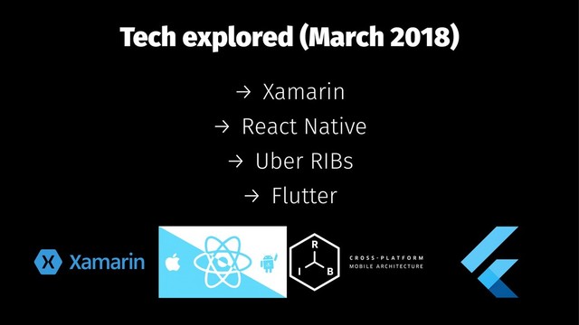 Tech explored (March 2018)
→ Xamarin
→ React Native
→ Uber RIBs
→ Flutter
