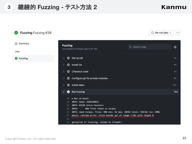 Copyright Kanmu, Inc. All right reserved.
継続的 Fuzzing - テスト方法 2
22
3
