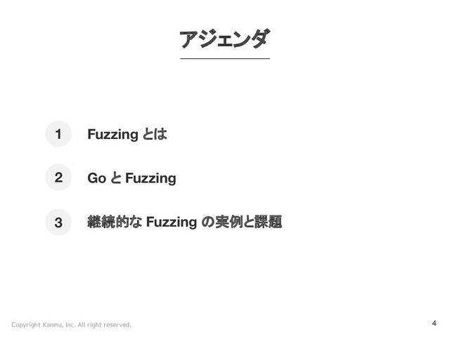 Copyright Kanmu, Inc. All right reserved. 4
Fuzzing とは
Go と Fuzzing
継続的な Fuzzing の実例と課題
1
2
3
アジェンダ
