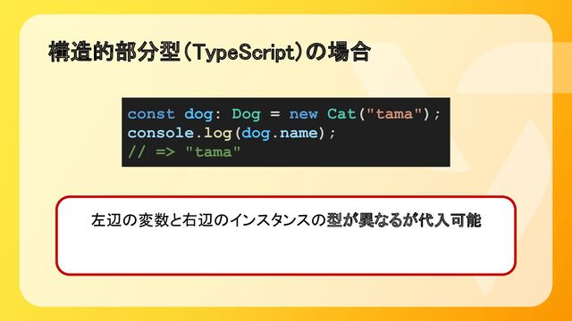 構造的部分型（TypeScript）の場合 
const dog: Dog = new Cat("tama");
console.log(dog.name);
// => "tama"
左辺の変数と右辺のインスタンスの型が異なるが代入可能 
　 
