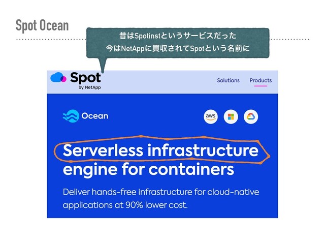 Spot Ocean
ੲ͸Spotinstͱ͍͏αʔϏεͩͬͨ
ࠓ͸NetAppʹങऩ͞ΕͯSpotͱ͍͏໊લʹ
