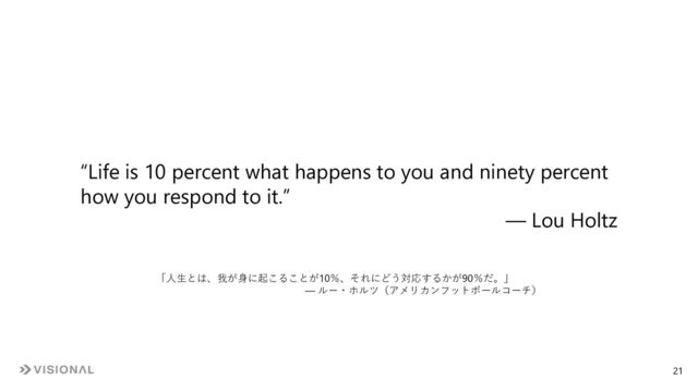 “Life is 10 percent what happens to you and ninety percent
how you respond to it.”
― Lou Holtz
「⼈⽣とは、我が⾝に起こることが10％、それにどう対応するかが90％だ。」
― ルー・ホルツ（アメリカンフットボールコーチ）
21
