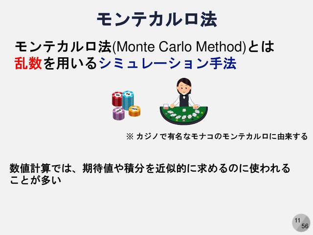 11
56
モンテカルロ法(Monte Carlo Method)とは
乱数を用いるシミュレーション手法
※ カジノで有名なモナコのモンテカルロに由来する
数値計算では、期待値や積分を近似的に求めるのに使われる
ことが多い
