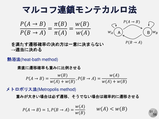 51
56
を満たす遷移確率の決め方は一意に決まらない
→適当に決める
熱浴法(heat-bath method)
𝑃 𝐴 → 𝐵 =
𝑤(𝐵)
𝑤(𝐴) + 𝑤(𝐵)
, 𝑃 𝐵 → 𝐴 =
𝑤(𝐴)
𝑤(𝐴) + 𝑤(𝐵)
素直に遷移確率も重みに比例させる
メトロポリス法(Metropolis method)
重みが大きい場合は必ず遷移、そうでない場合は確率的に遷移させる
𝑃 𝐴 → 𝐵 = 1, 𝑃 𝐵 → 𝐴 =
𝑤(𝐴)
𝑤(𝐵)
𝑤(𝐴) < 𝑤(𝐵)
𝑃 𝐴 → 𝐵
𝑃 𝐵 → 𝐴
=
𝜋 𝐵
𝜋(𝐴)
=
𝑤(𝐵)
𝑤(𝐴) B
A
𝑃(𝐴 → 𝐵)
𝑃(𝐵 → 𝐴)
𝑤𝐴
𝑤𝐵
