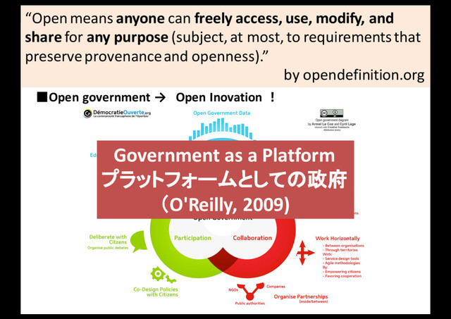 2016/06/28 Urban	  Informatics	  Seminar	  @	  GSCC 19
19/21
“Open	  means	  anyone can	  freely	  access,	  use,	  modify,	  and	  
share for	  any	  purpose (subject,	  at	  most,	  to	  requirements	  that	  
preserve	  provenance	  and	  openness).”	  
by	  opendefinition.org
■Open	  government	  → Open	  Inovation ！
Government	  as	  a	  Platform
プラットフォームとしての政府
（O'Reilly,	  2009)
