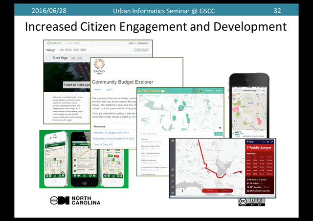 2016/06/28 Urban	  Informatics	  Seminar	  @	  GSCC 32
Increased	  Citizen	  Engagement	  and	  Development
