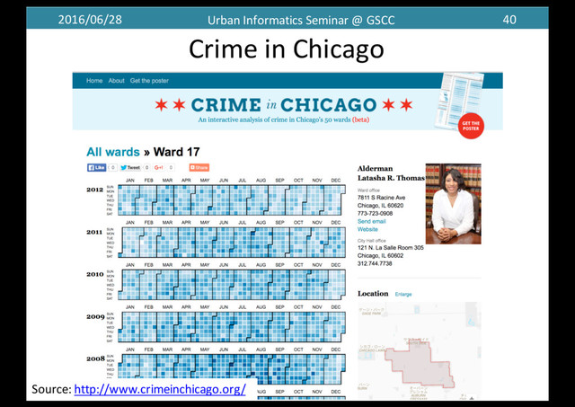 2016/06/28 Urban	  Informatics	  Seminar	  @	  GSCC 40
Crime	  in	  Chicago
Source:	  http://www.crimeinchicago.org/
